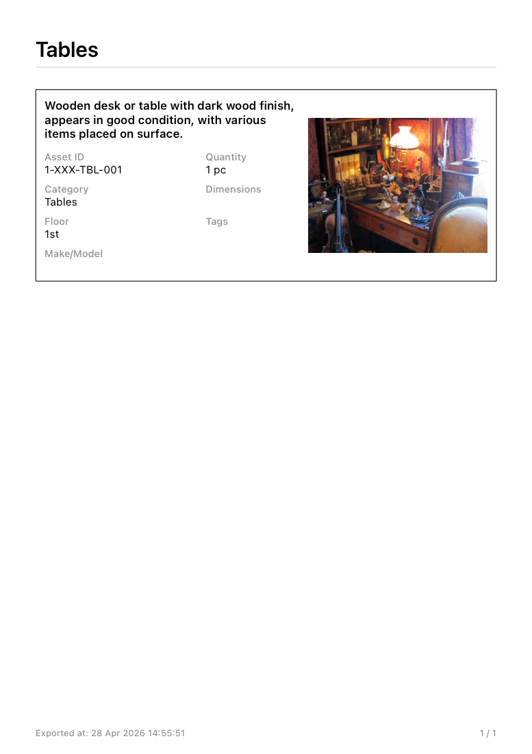 Preview of a sample AI Inventory material index PDF export