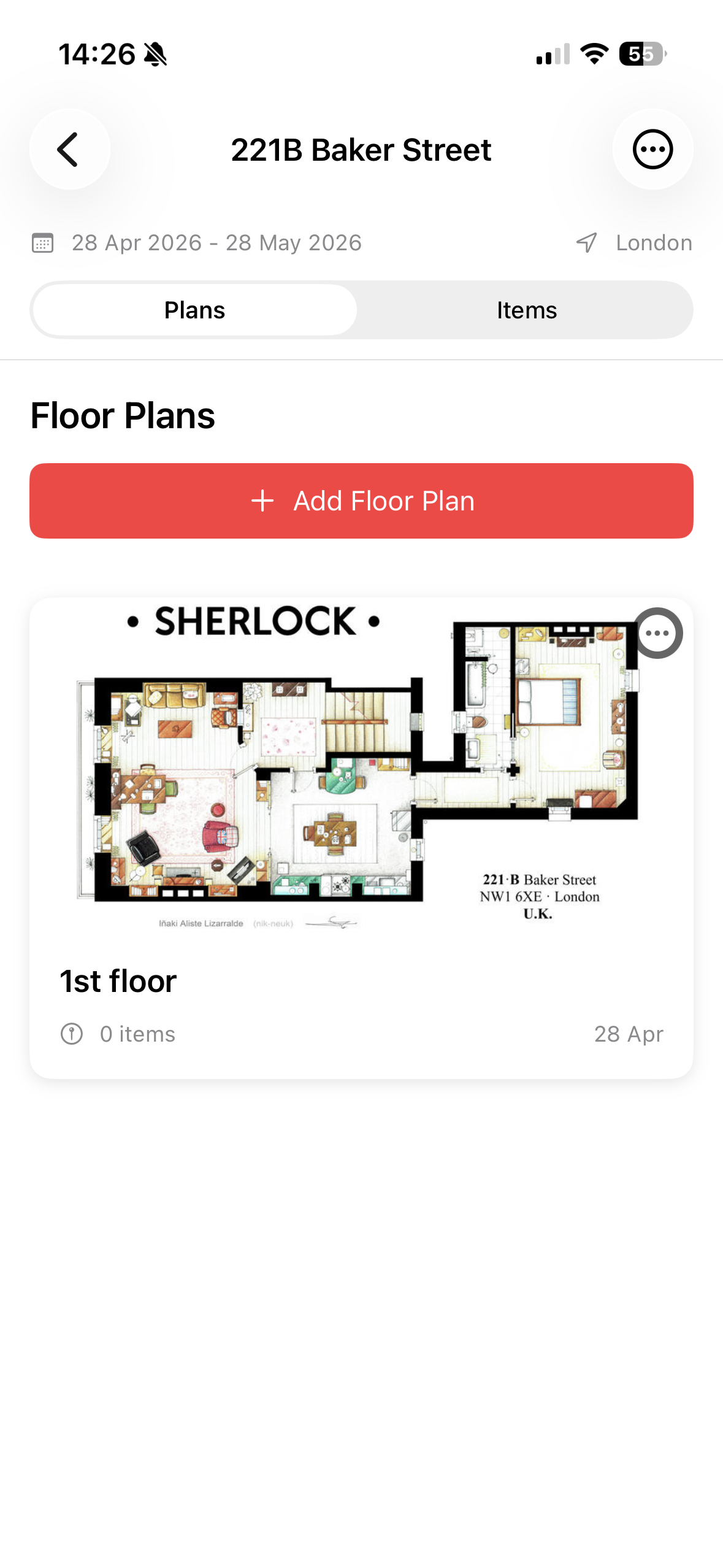 Floor plans screen with an add floor plan button and plan preview