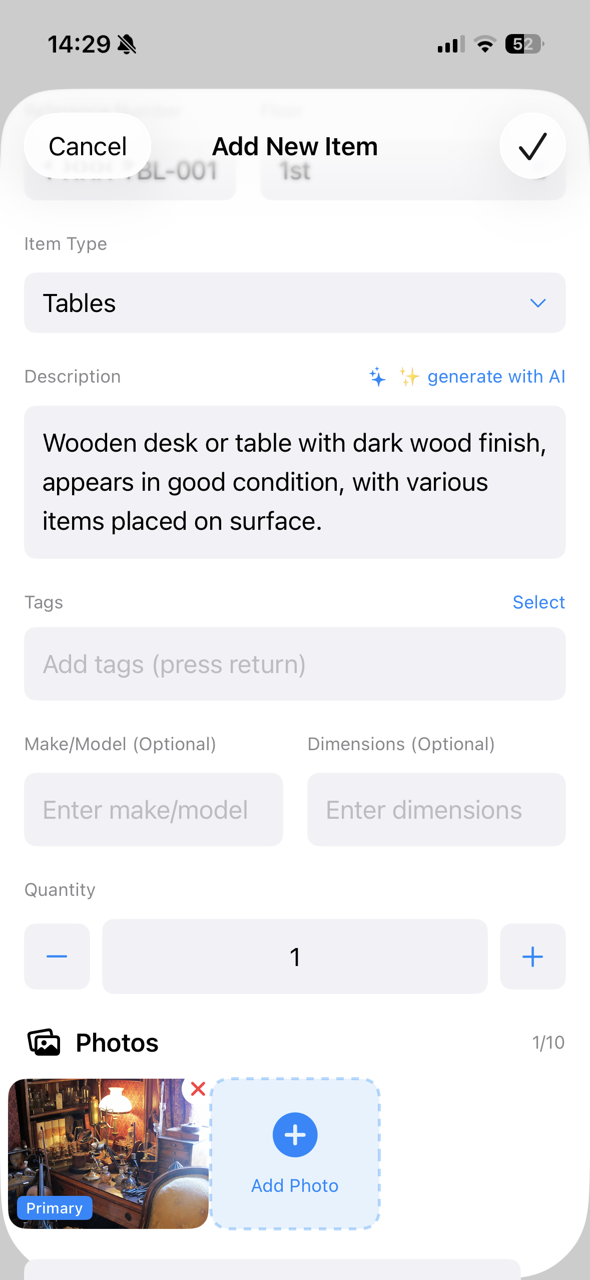 Add new item form with photo, quantity, and generate with AI option
