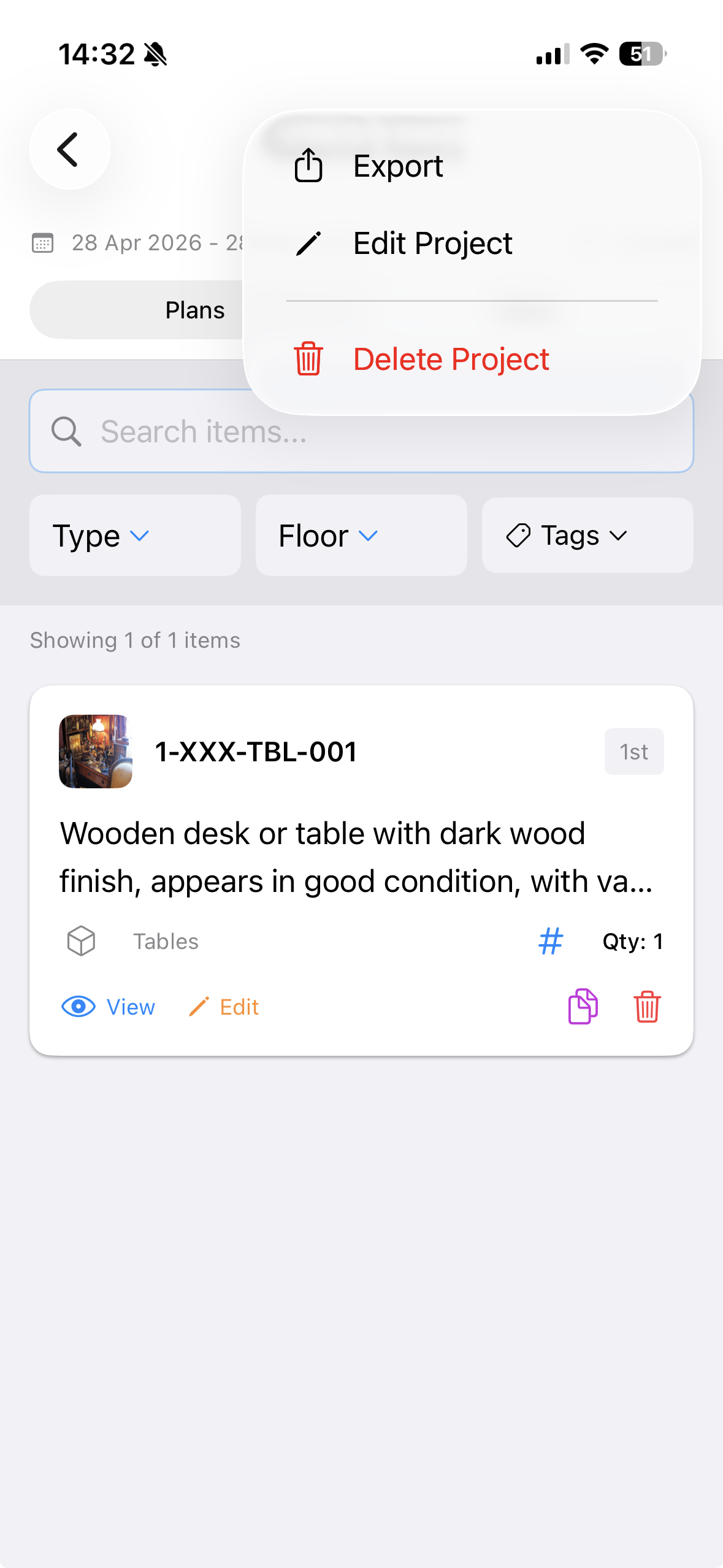 Item list with export action available from the project menu