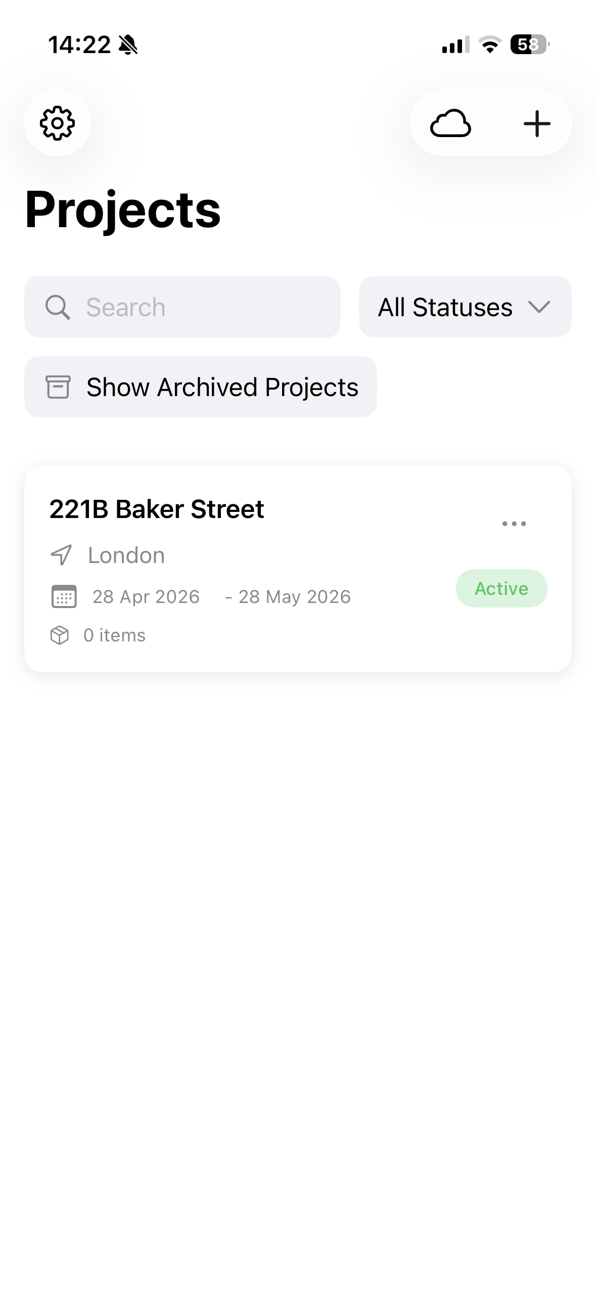 AI Inventory projects list showing 221B Baker Street