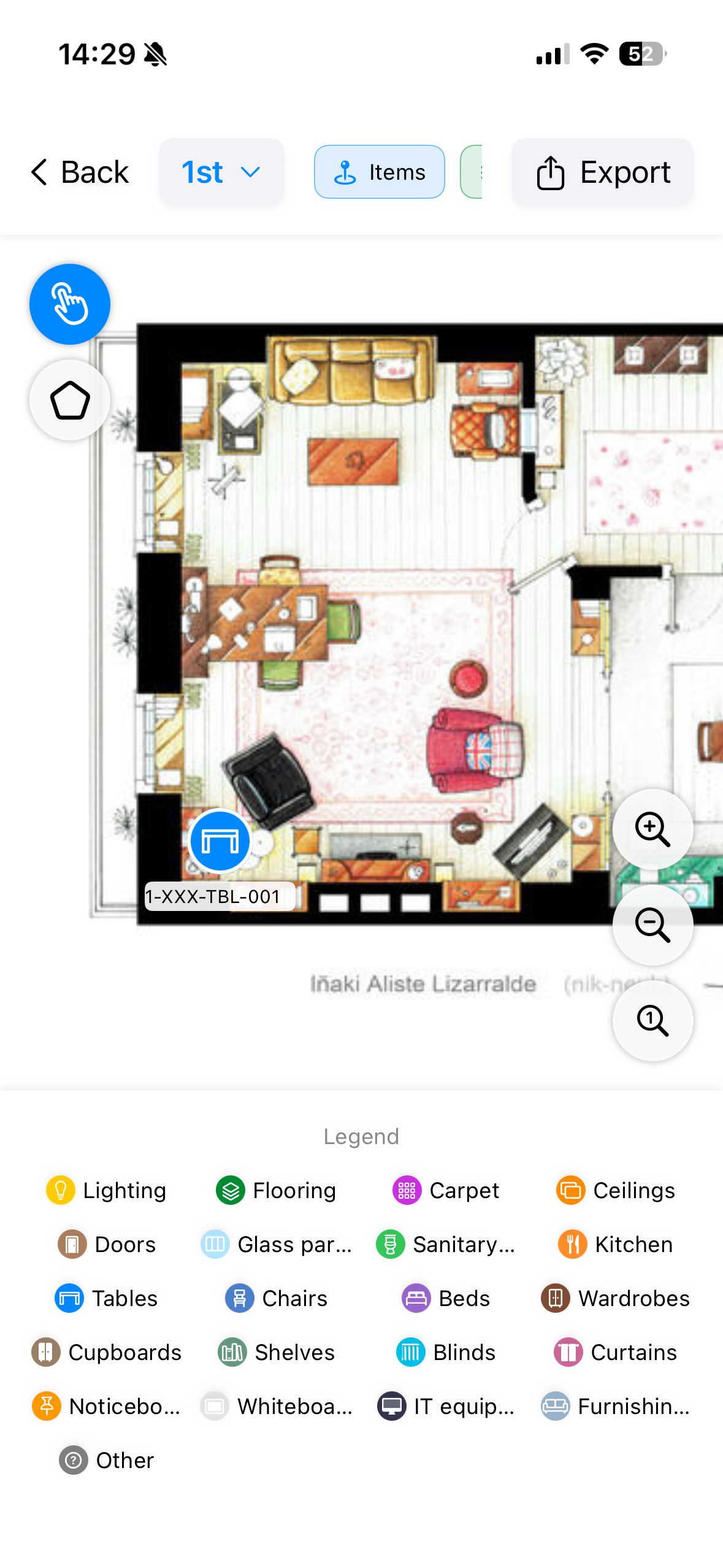 Floor plan with a marked table item and item category legend